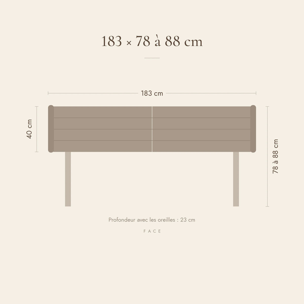 Dimensions de la tête de lit Bagatelle pour un lit de 180 cm : 183 cm de large, 78 à 88 cm de haut