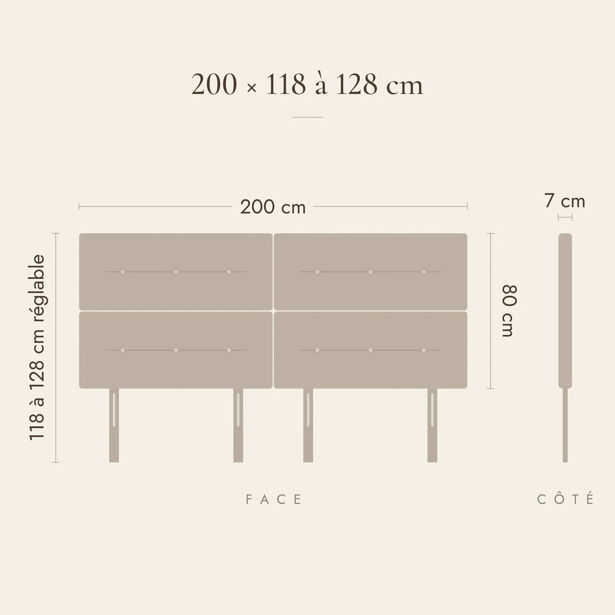 Dimensions de la tête de lit Bastille pour un lit de 200 cm : 200 cm de large, 118 à 128 cm de haut