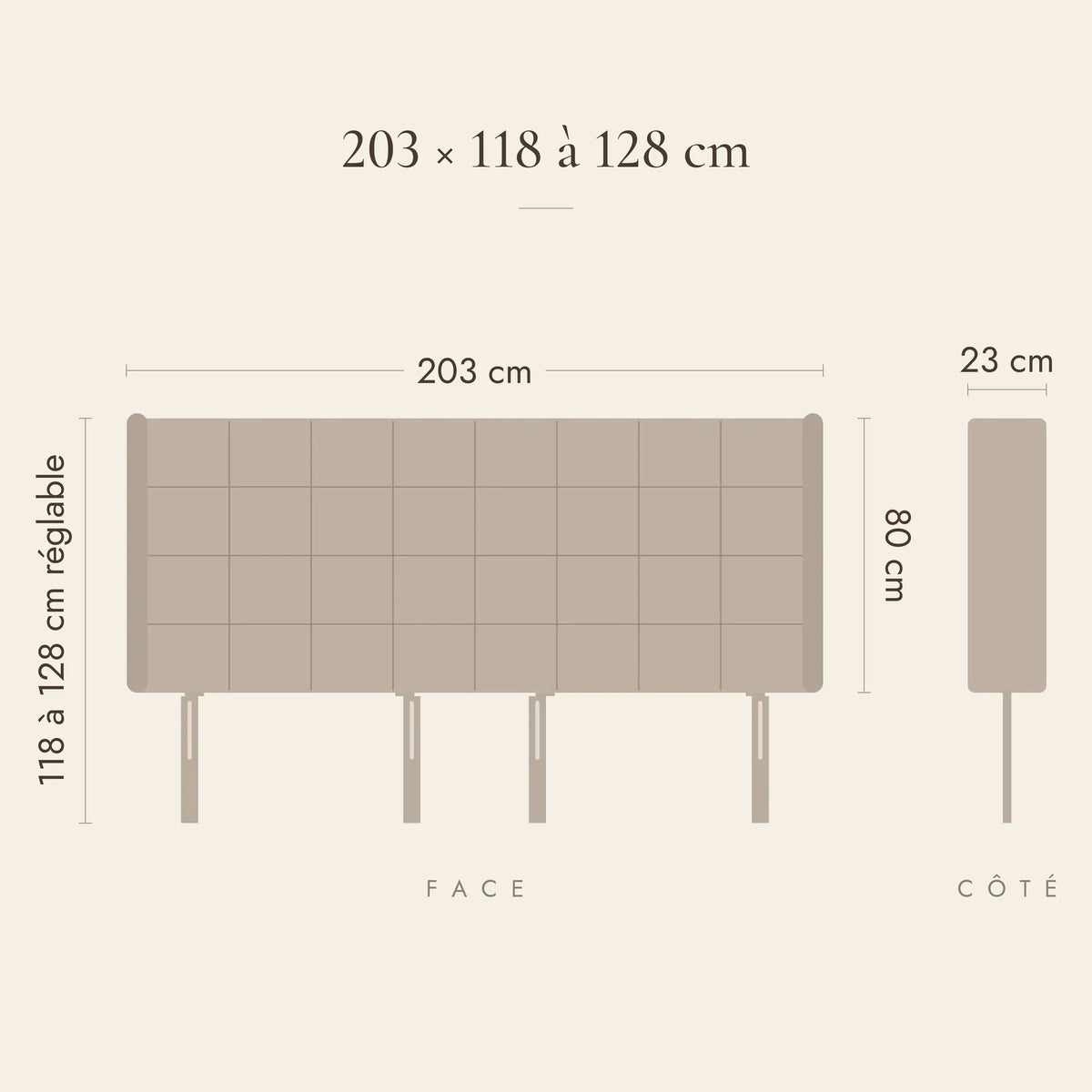Dimensions de la tête de lit Trocadéro pour un lit de 200 cm : 203 cm de large, 118 à 128 cm de haut