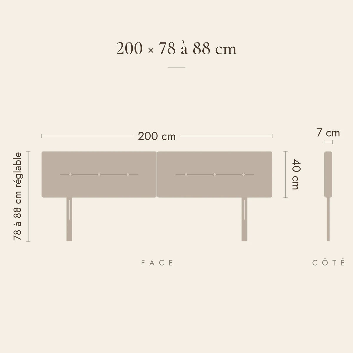 Dimensions de la tête de lit Marais pour un lit de 200 cm : 200 cm de large, 78 à 88 cm de haut