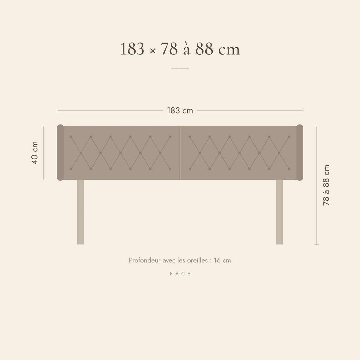 Dimensions de la tête de lit Montaigne pour un lit de 180 cm : 183 cm de large, 78 à 88 cm de haut
