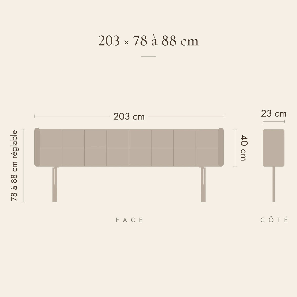 Dimensions de la tête de lit Passy pour un lit de 200 cm : 203 cm de large, 78 à 88 cm de haut