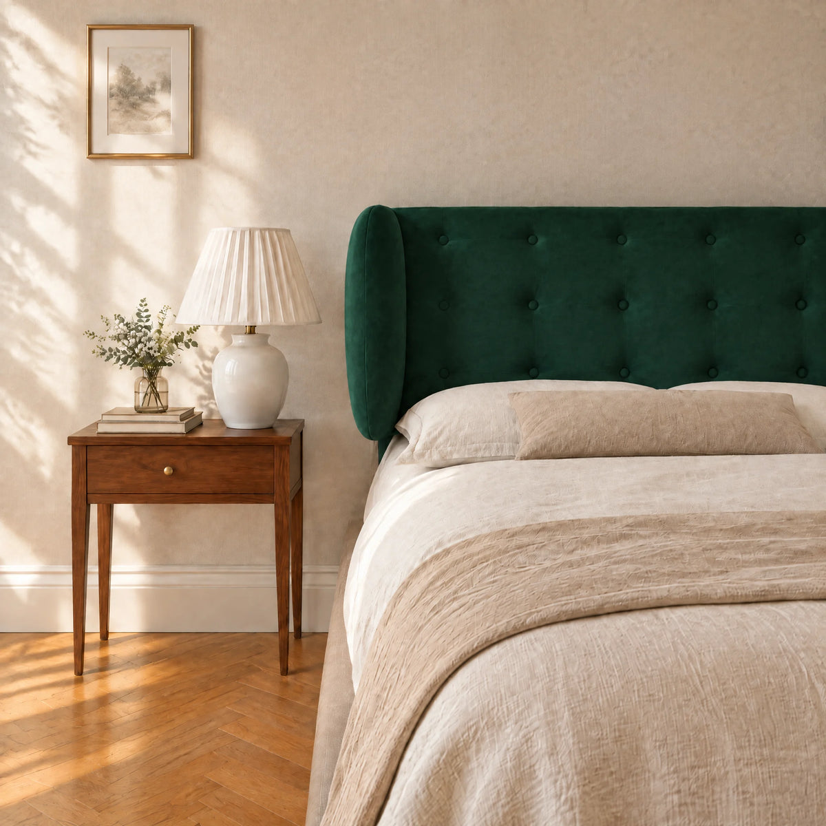 Tête de lit boutonnée à oreilles en velours Auteuil vert sapin dans une chambre, avec table de chevet et lampe