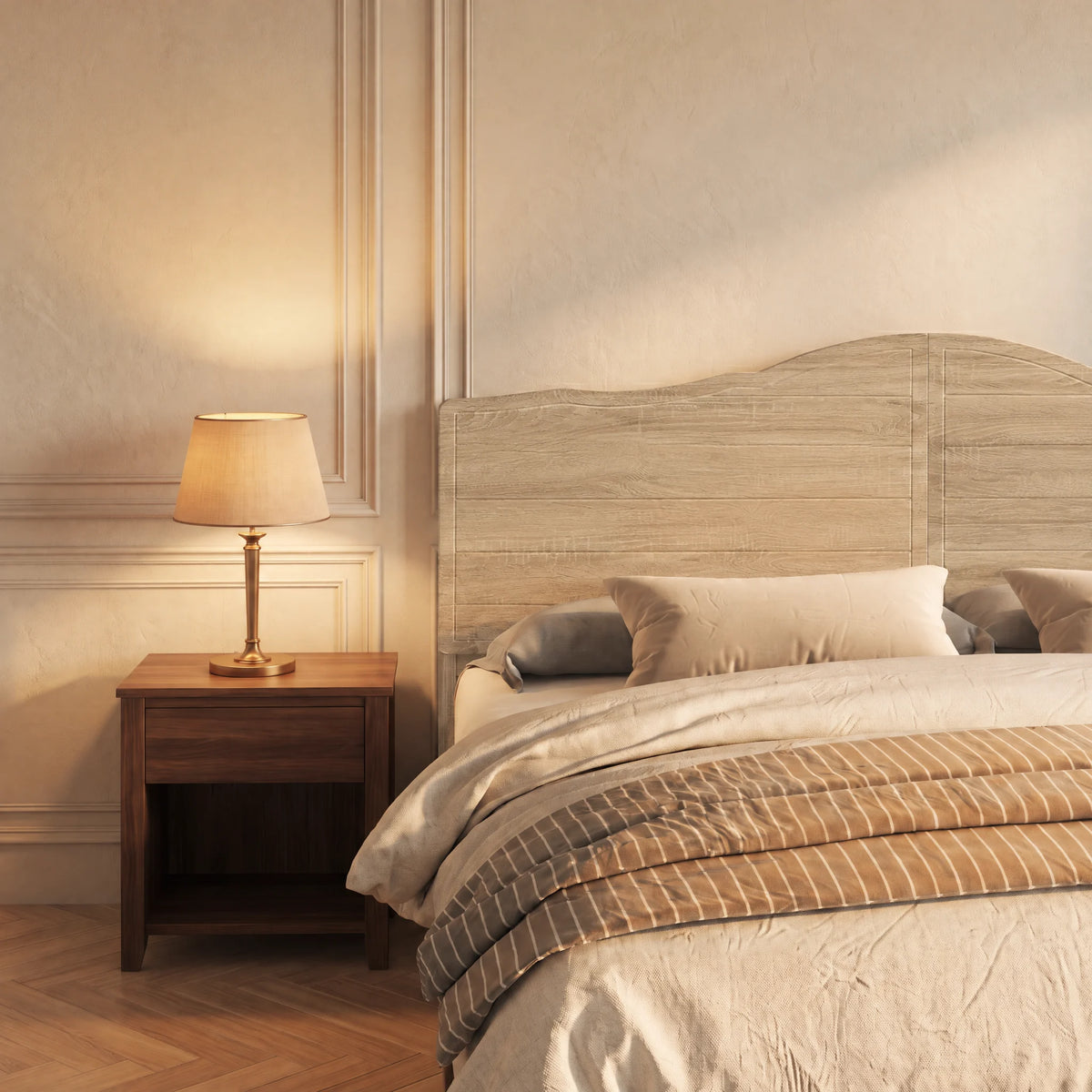 Tête de lit chantournée en bois Marigny, finition chêne clair, dans une chambre, avec table de chevet et lampe