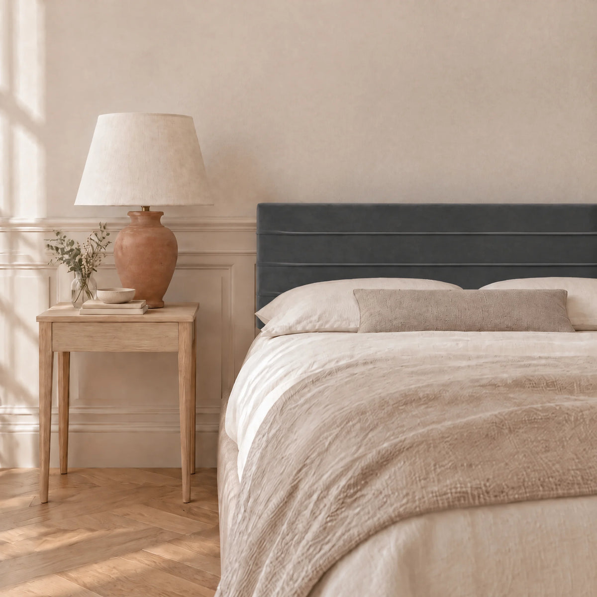 Tête de lit en velours ligné Vivienne gris anthracite dans une chambre, avec table de chevet et lampe