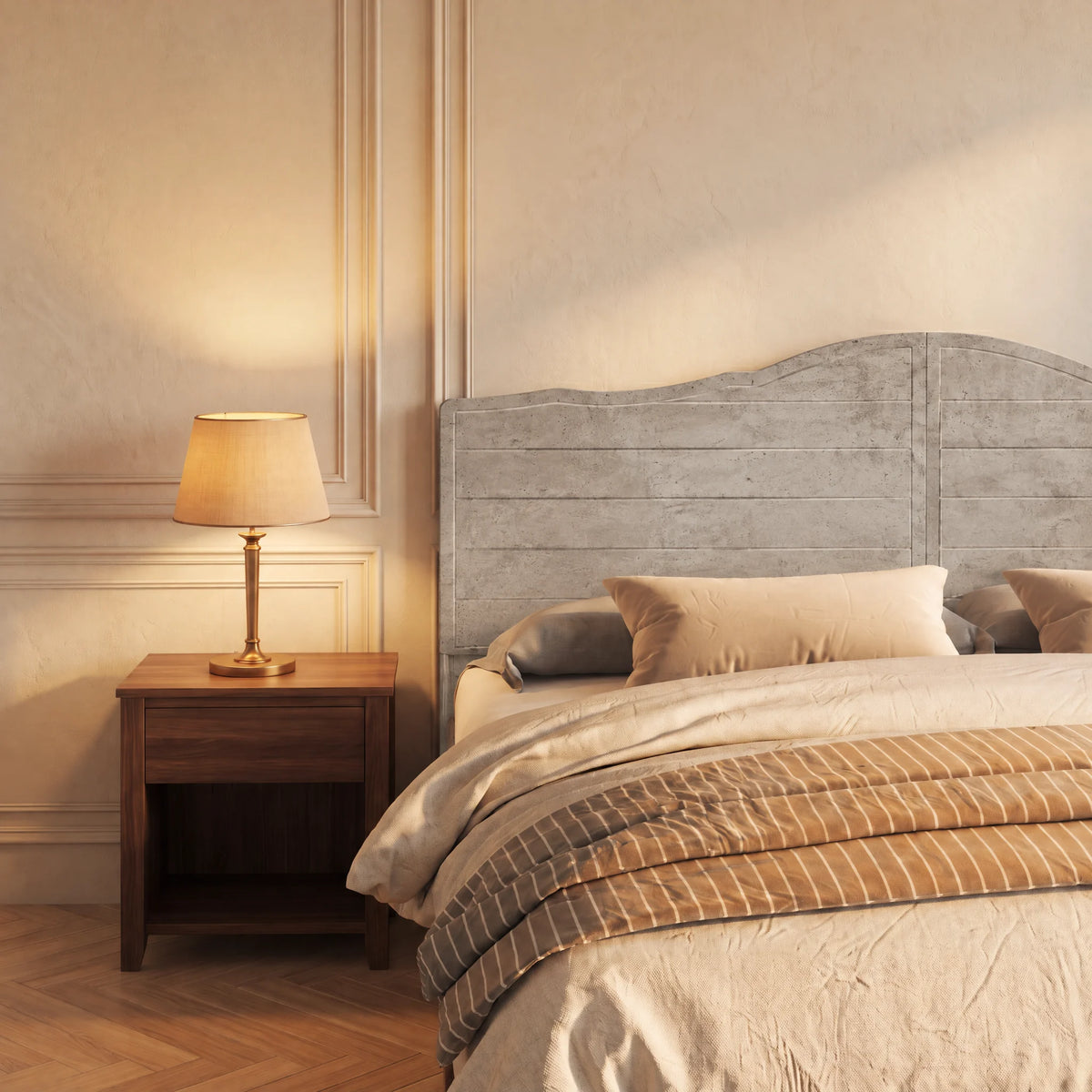 Tête de lit chantournée en bois Marigny, finition gris, dans une chambre, avec table de chevet et lampe