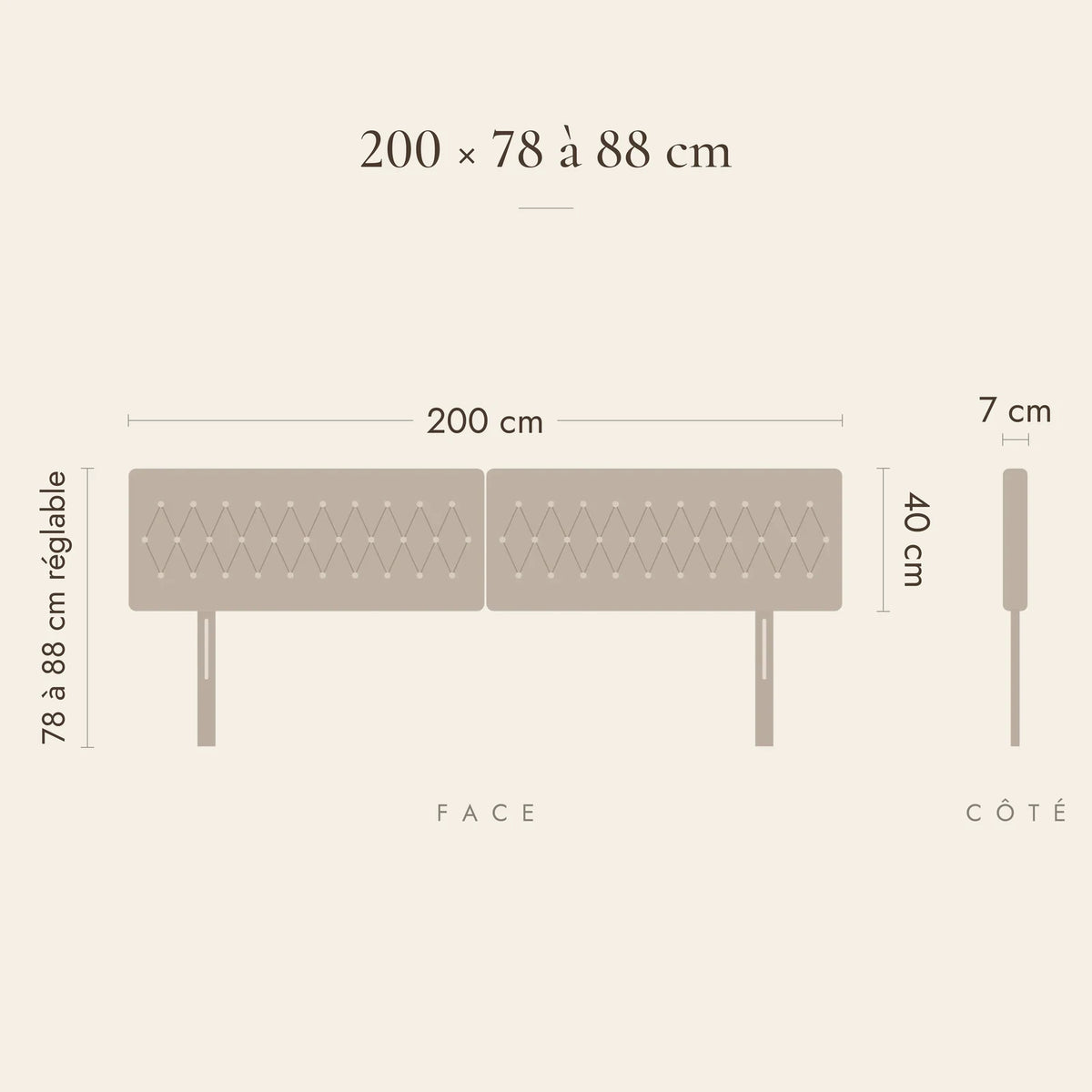 Dimensions de la tête de lit Alma pour un lit de 200 cm : 200 cm de large, 78 à 88 cm de haut