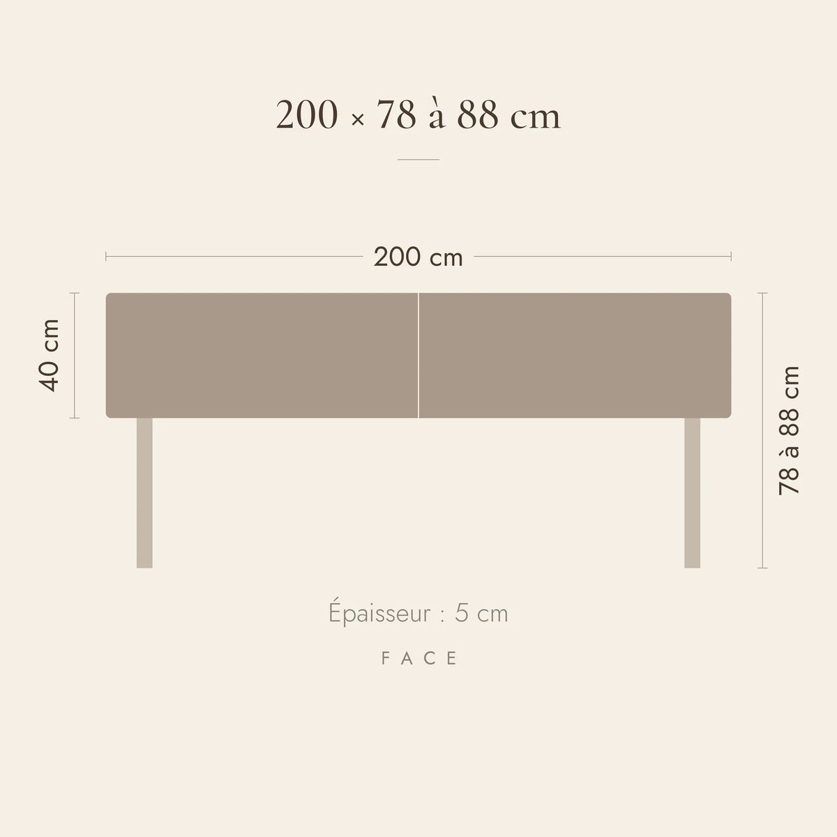 Dimensions de la tête de lit Cluny pour un lit de 200 cm : 200 cm de large, 78 à 88 cm de haut