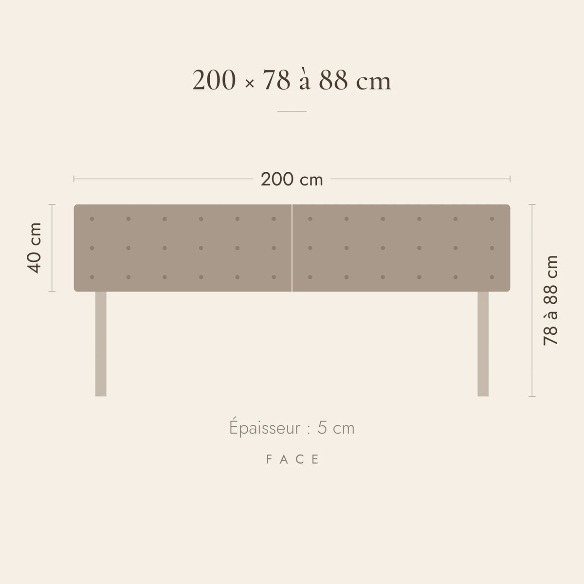 Dimensions de la tête de lit Dauphine pour un lit de 200 cm : 200 cm de large, 78 à 88 cm de haut