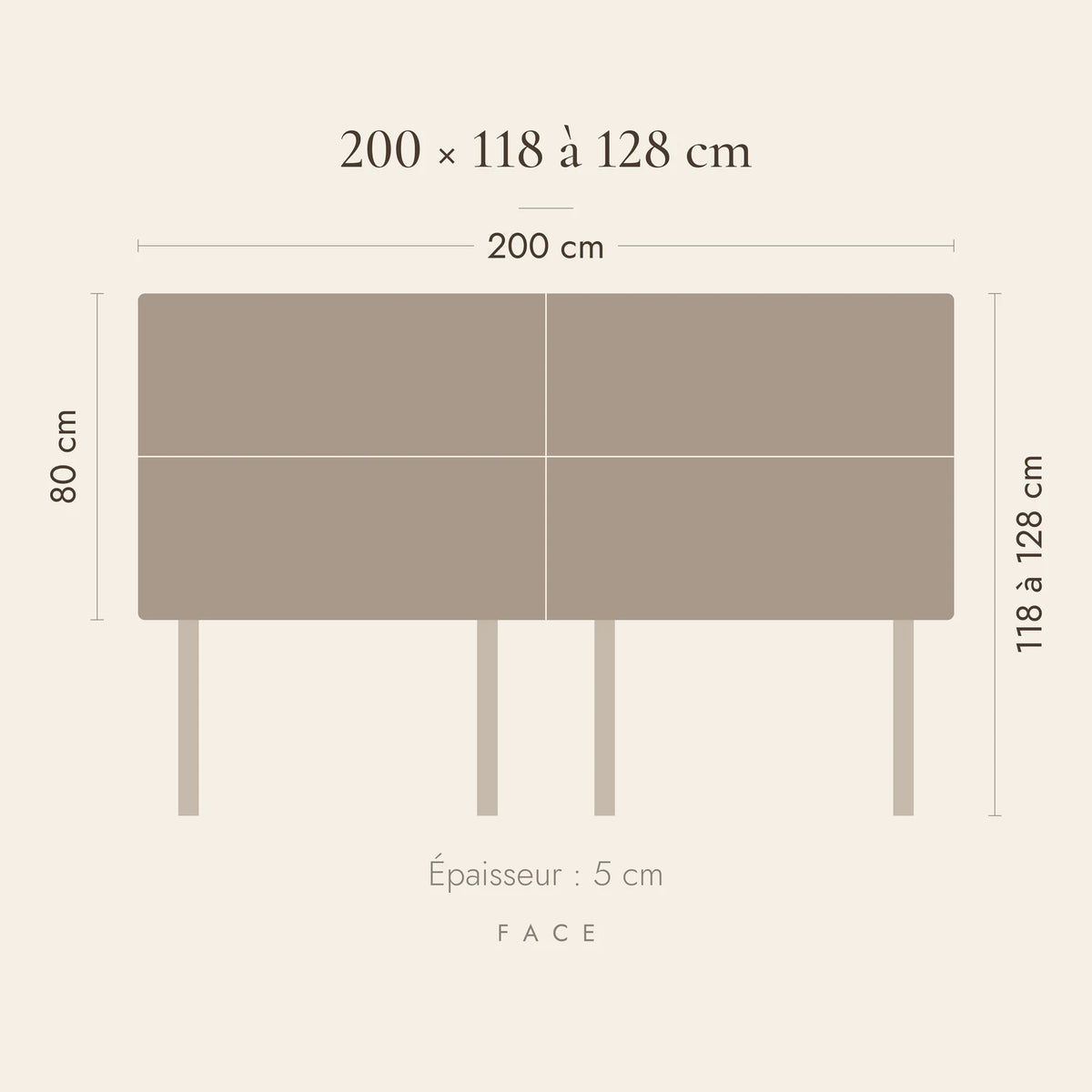 Dimensions de la tête de lit Châtelet pour un lit de 200 cm : 200 cm de large, 118 à 128 cm de haut