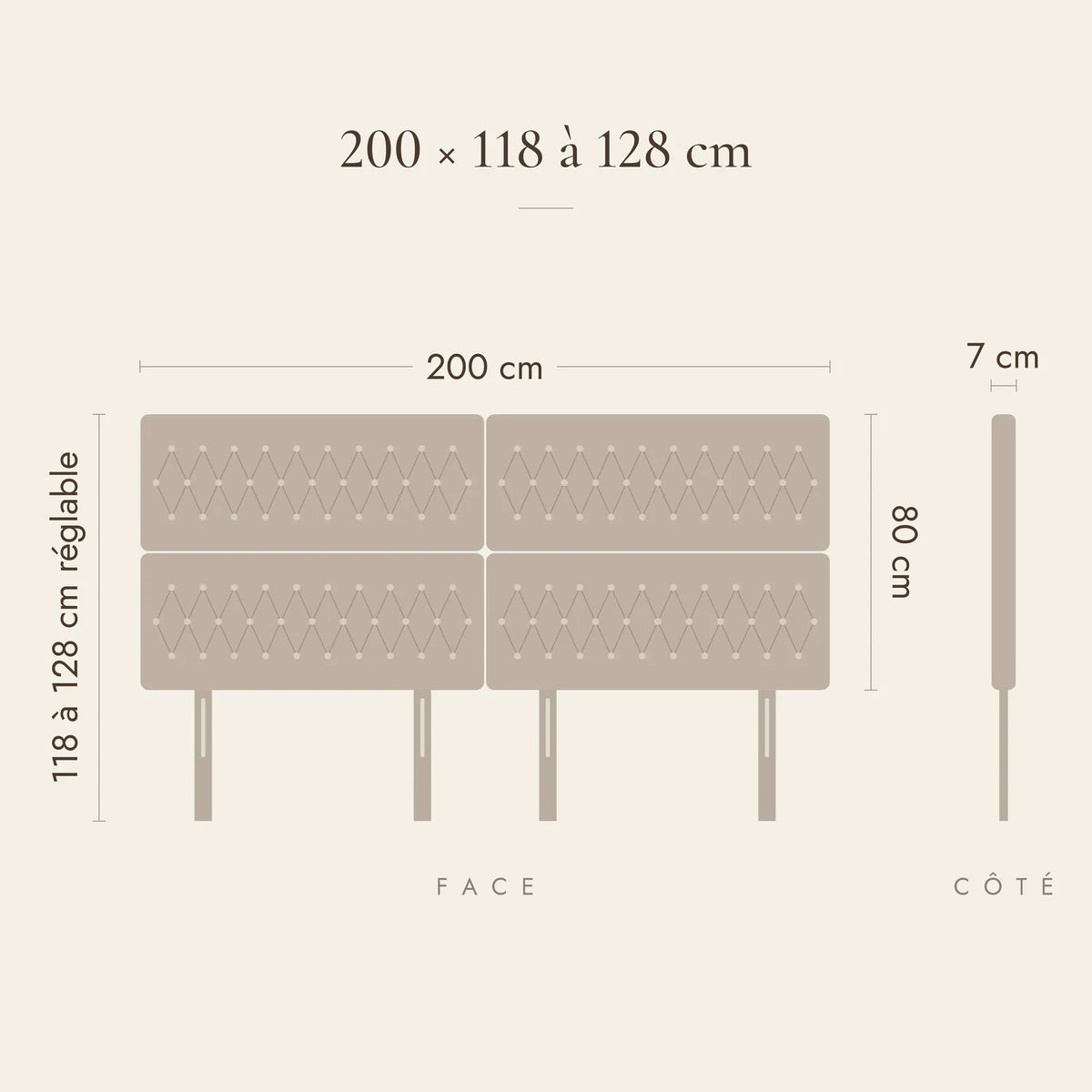 Dimensions de la tête de lit Concorde pour un lit de 200 cm : 200 cm de large, 118 à 128 cm de haut