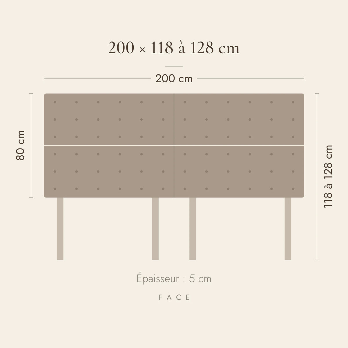 Dimensions de la tête de lit Invalides pour un lit de 200 cm : 200 cm de large, 118 à 128 cm de haut