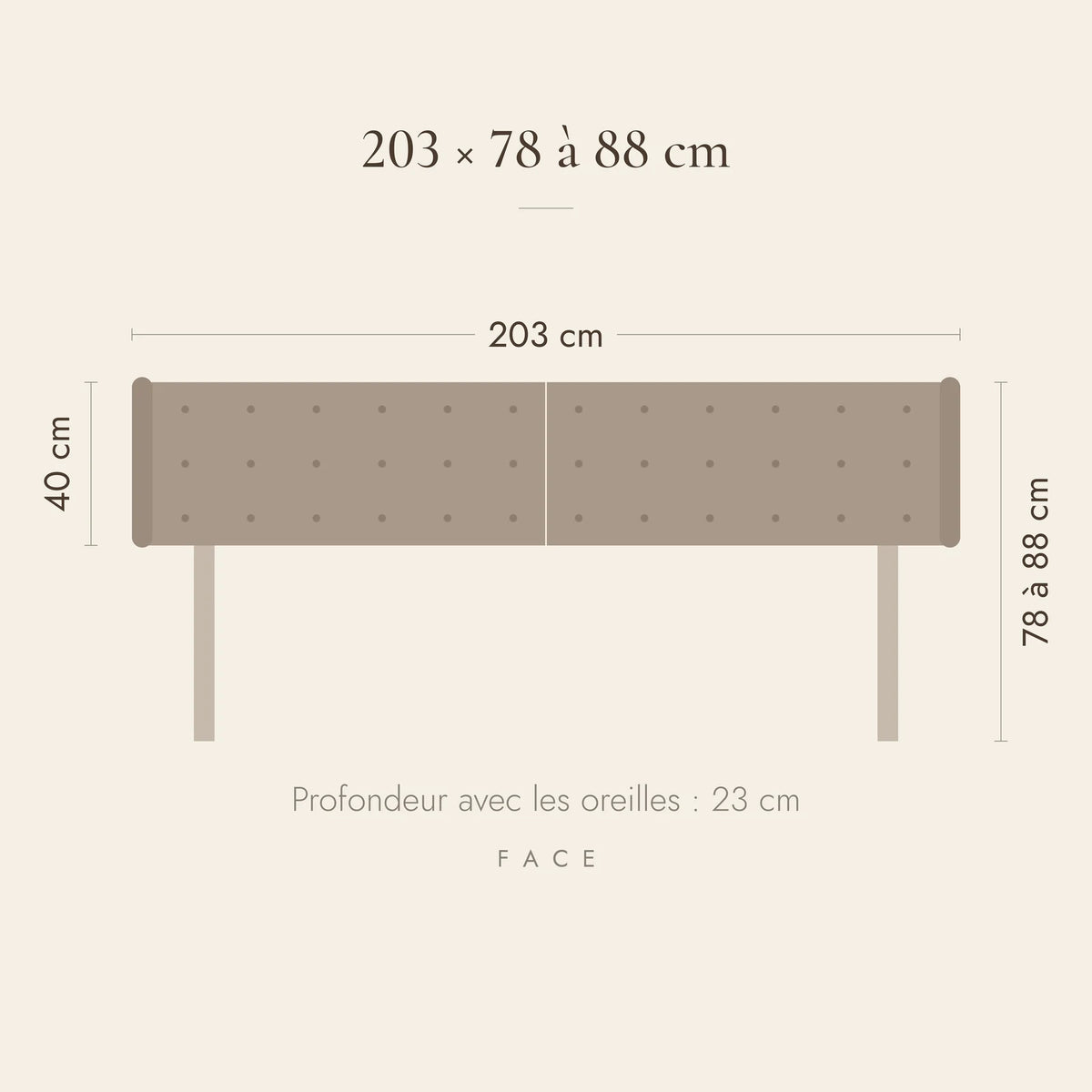 Dimensions de la tête de lit Auteuil pour un lit de 200 cm : 203 cm de large, 78 à 88 cm de haut