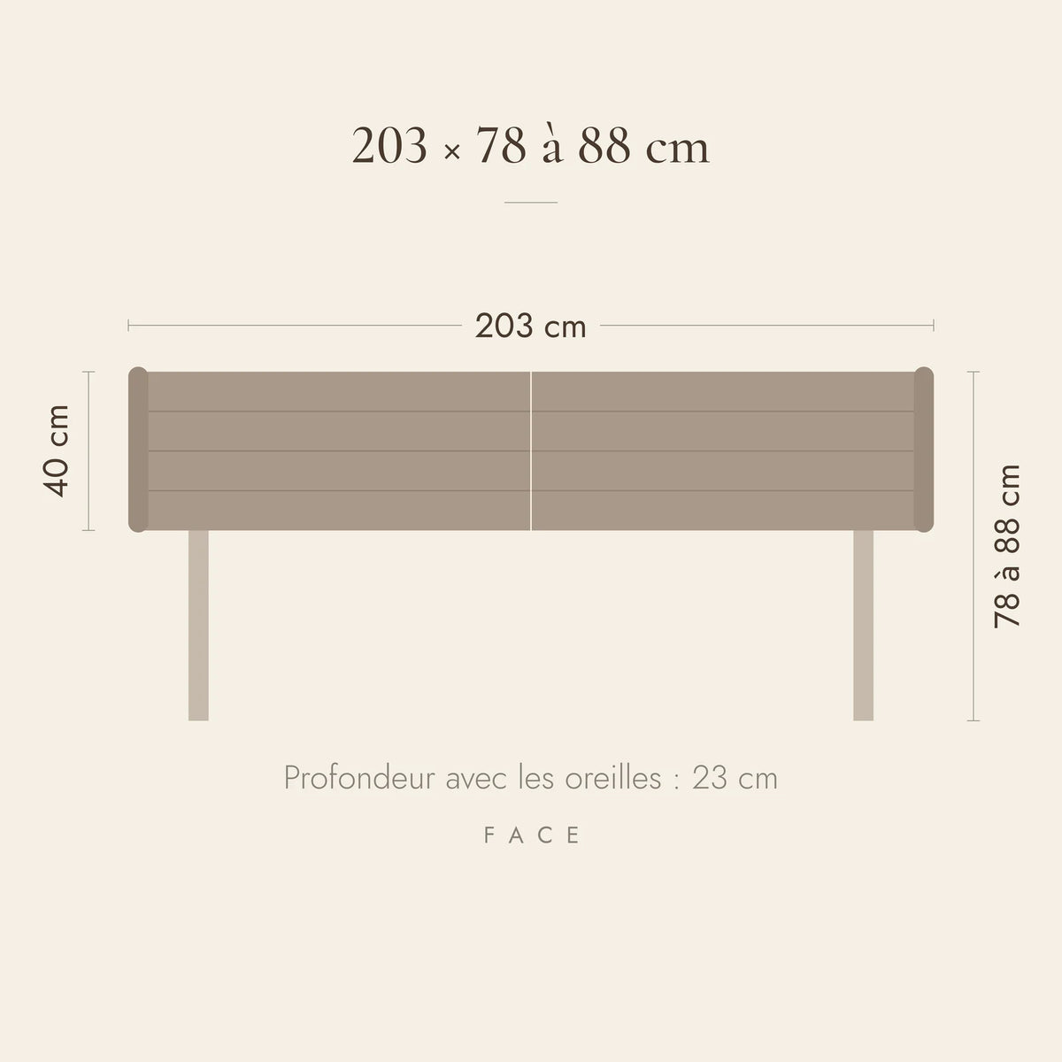 Dimensions de la tête de lit Bagatelle pour un lit de 200 cm : 203 cm de large, 78 à 88 cm de haut