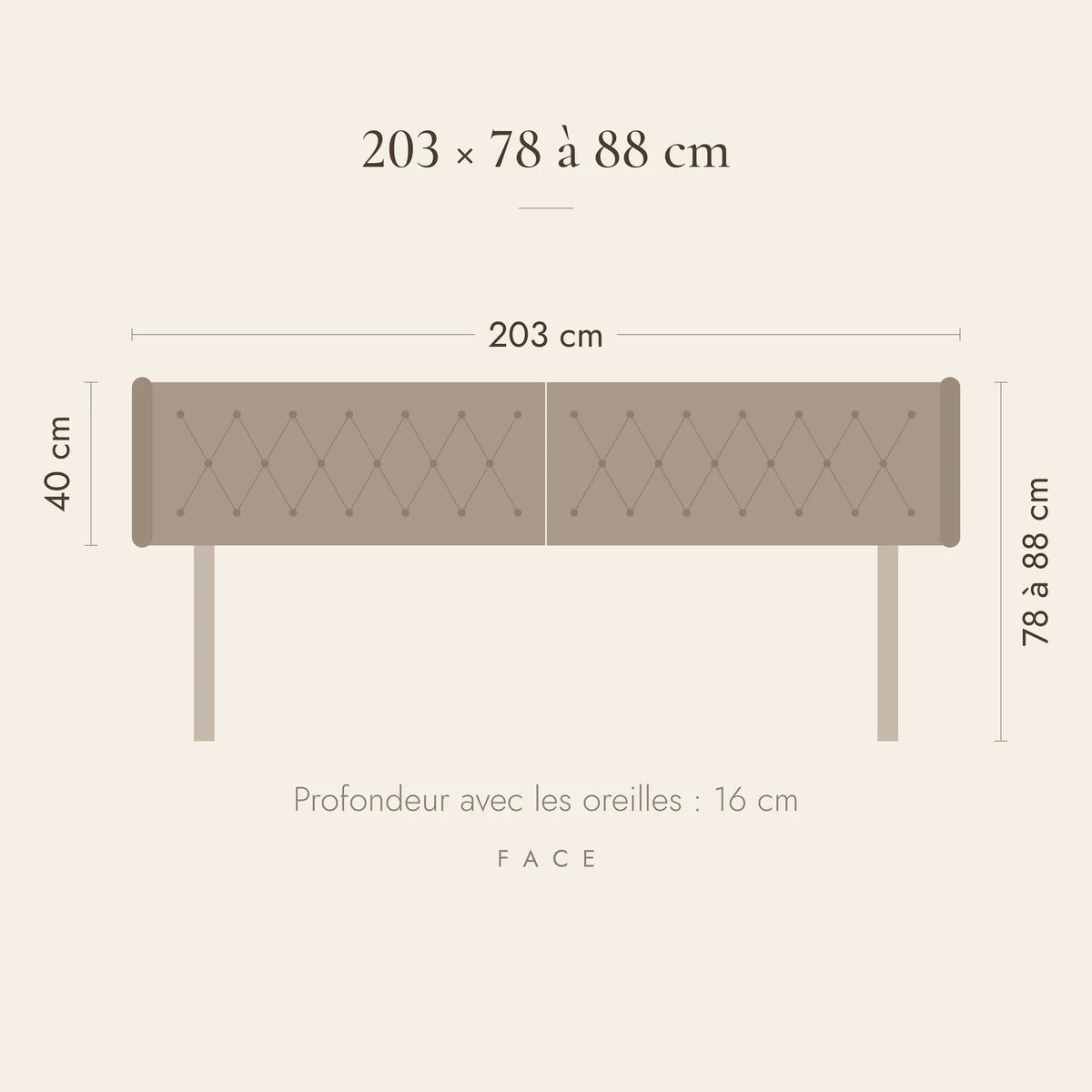 Dimensions de la tête de lit Montaigne pour un lit de 200 cm : 203 cm de large, 78 à 88 cm de haut