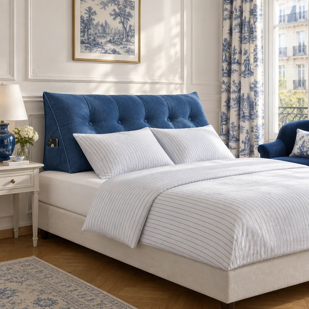 Coussin de tête de lit Opéra bleu sur un lit, avec table de chevet et lampe