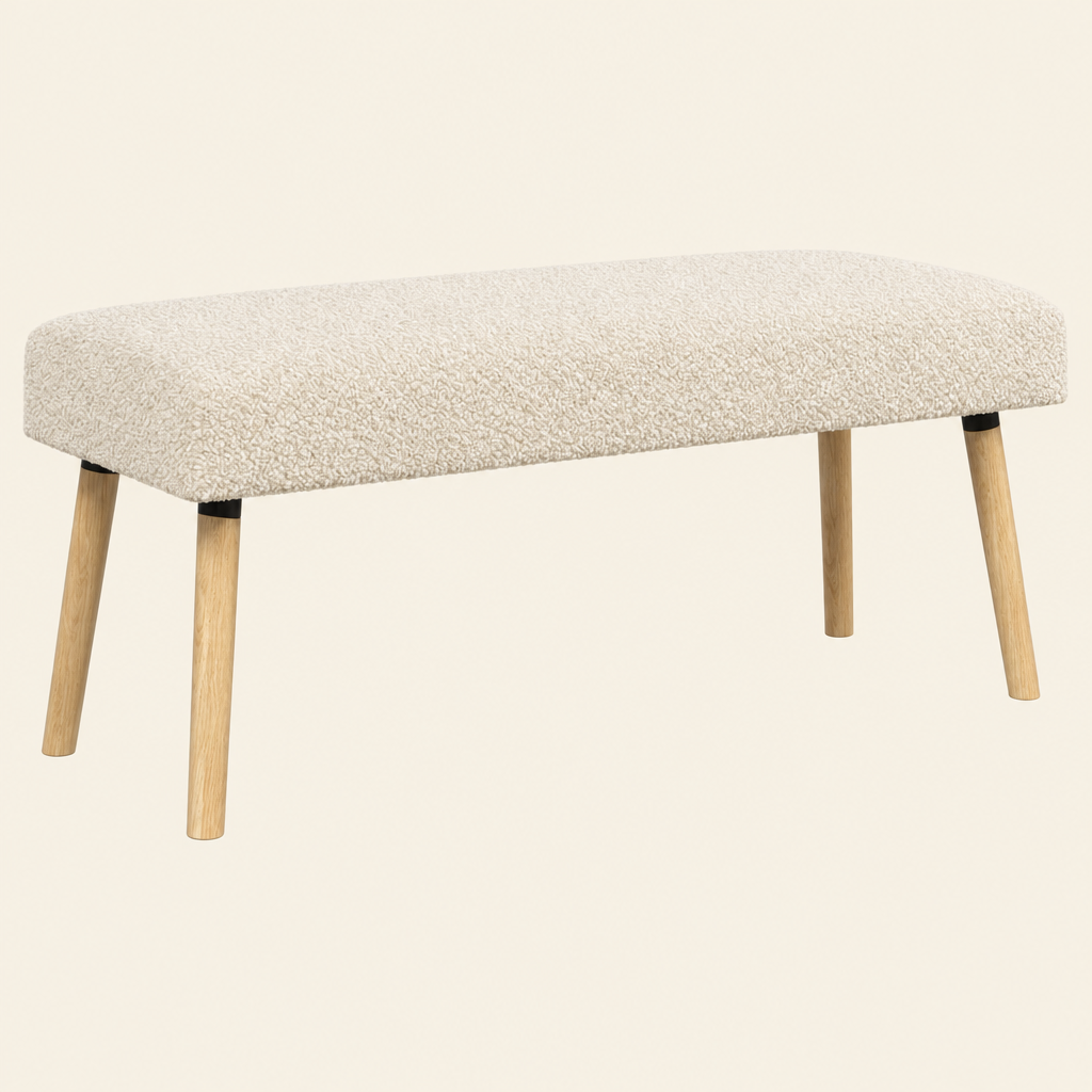 Banc de lit Véro-Dodat écru en tissu bouclé, vue de trois quarts