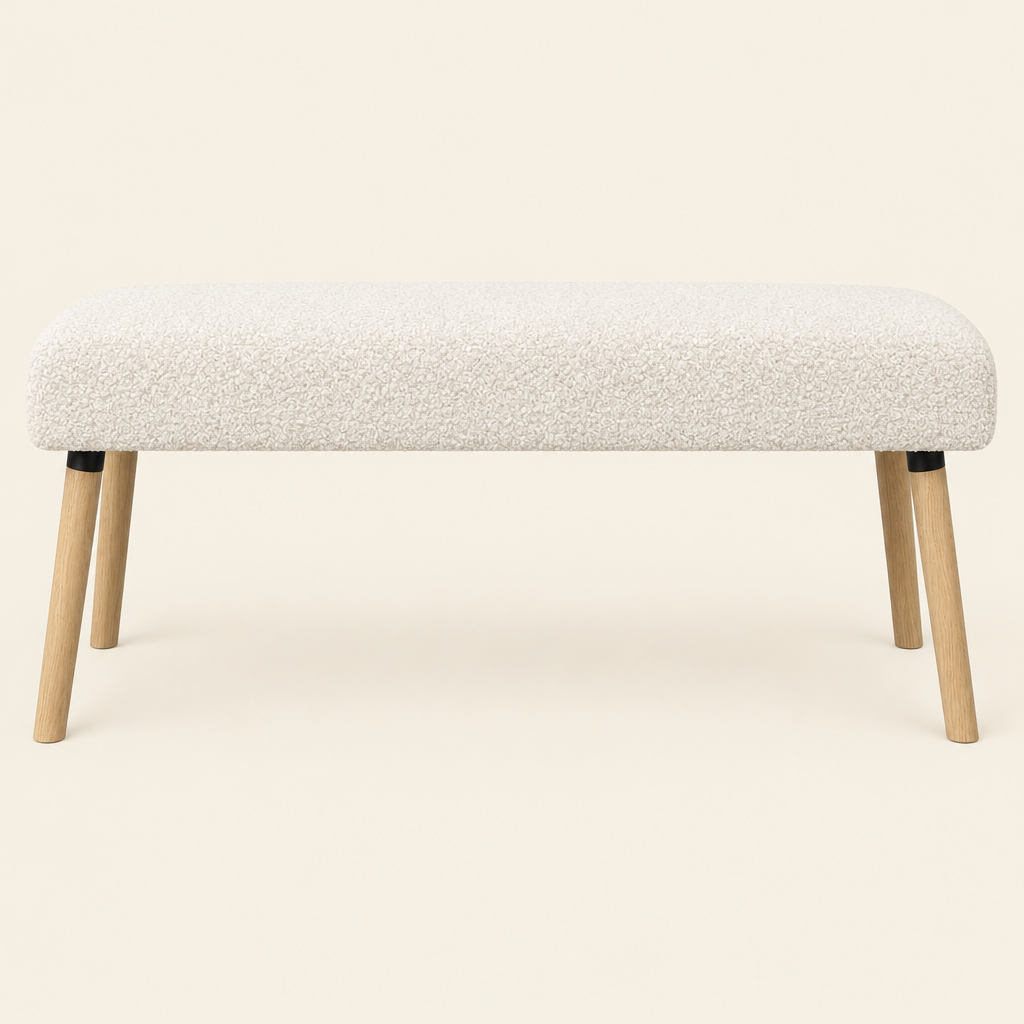 Banc de lit Véro-Dodat écru en tissu bouclé, vue de face