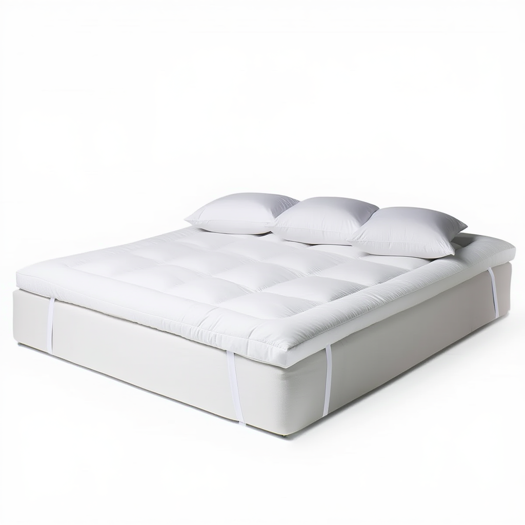 Surmatelas en duvet blanc 160x200 cm avec épaisseur 10 cm et fixation par bandes élastiques aux coins