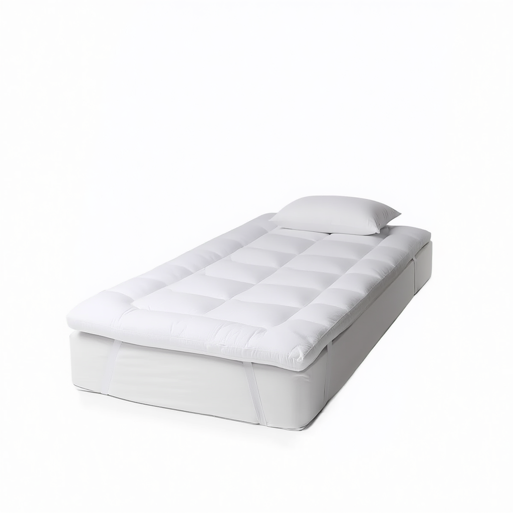 Surmatelas en duvet blanc 90x200 cm avec épaisseur 10 cm et fixation par bandes élastiques aux 4 coins