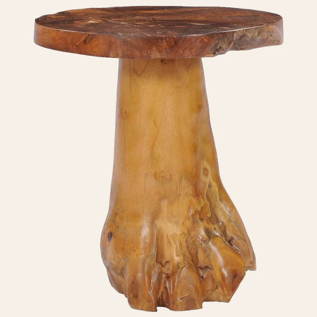 Vue de profil de la table basse Rosée en teck massif, Atelier Dormance