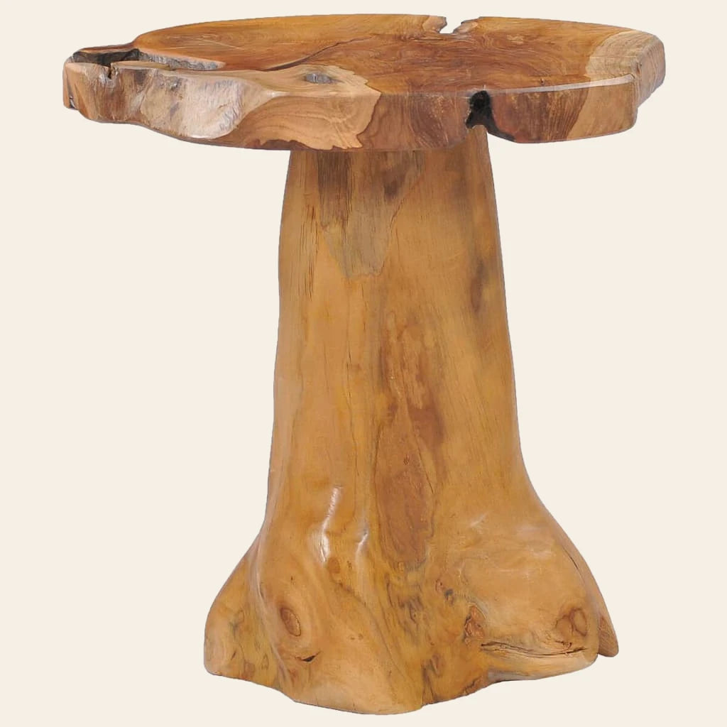 Vue trois quarts de la table basse Rosée en teck massif, Atelier Dormance